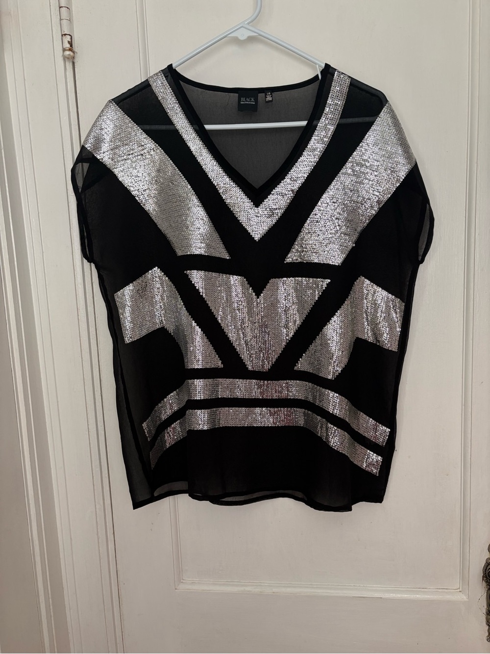 Saks Fifth Avenue Black V-Neck Top with Silver Sequin Chevron Stripes